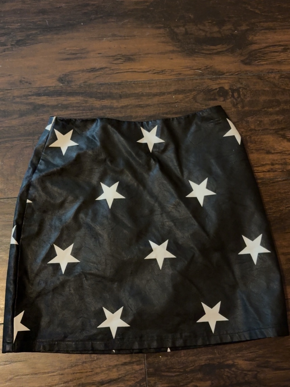 Altar'd State Black Faux Leather Mini Skirt with White Star Print